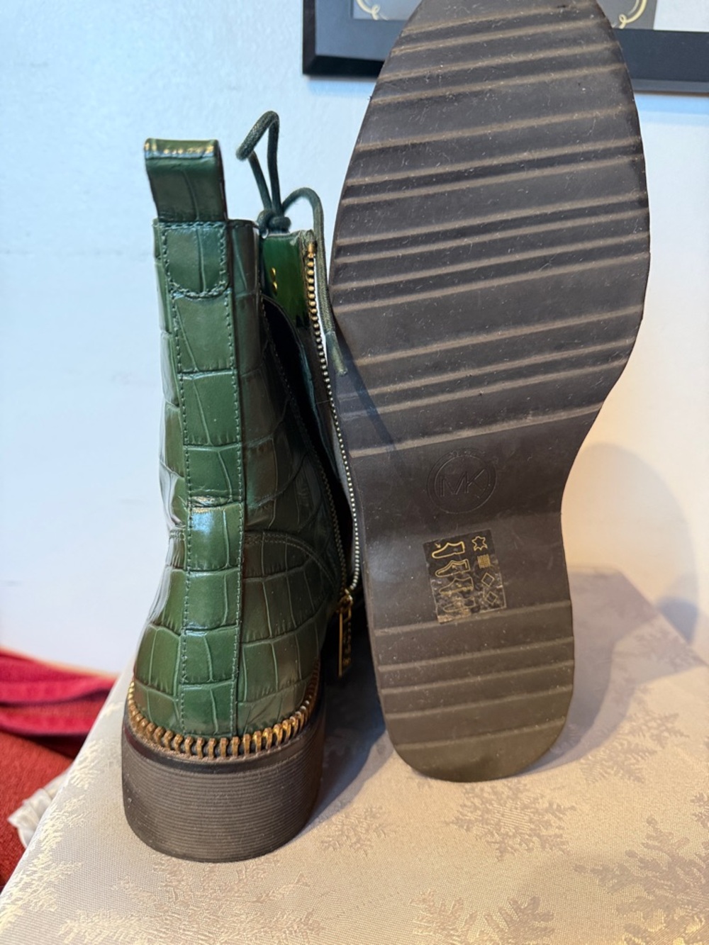 Michael Kors Olive Green Croc-Embossed Lace-Up Platform Boots - Picture 3 of 3